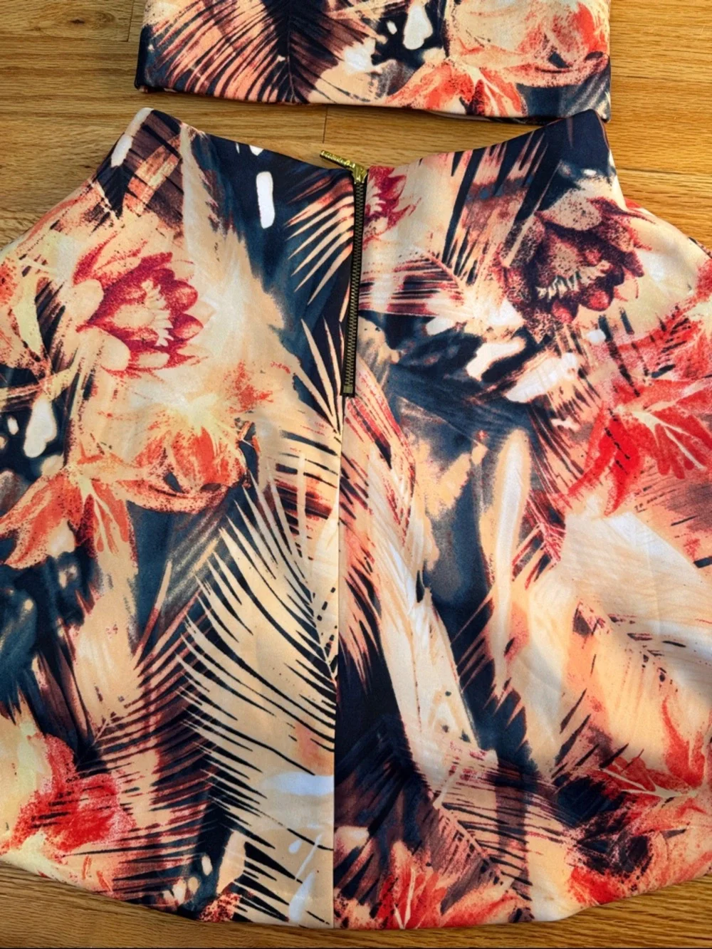 Floral Palm Print A-Line Skirt and Top matching set in Peach & Navy by GUESS.